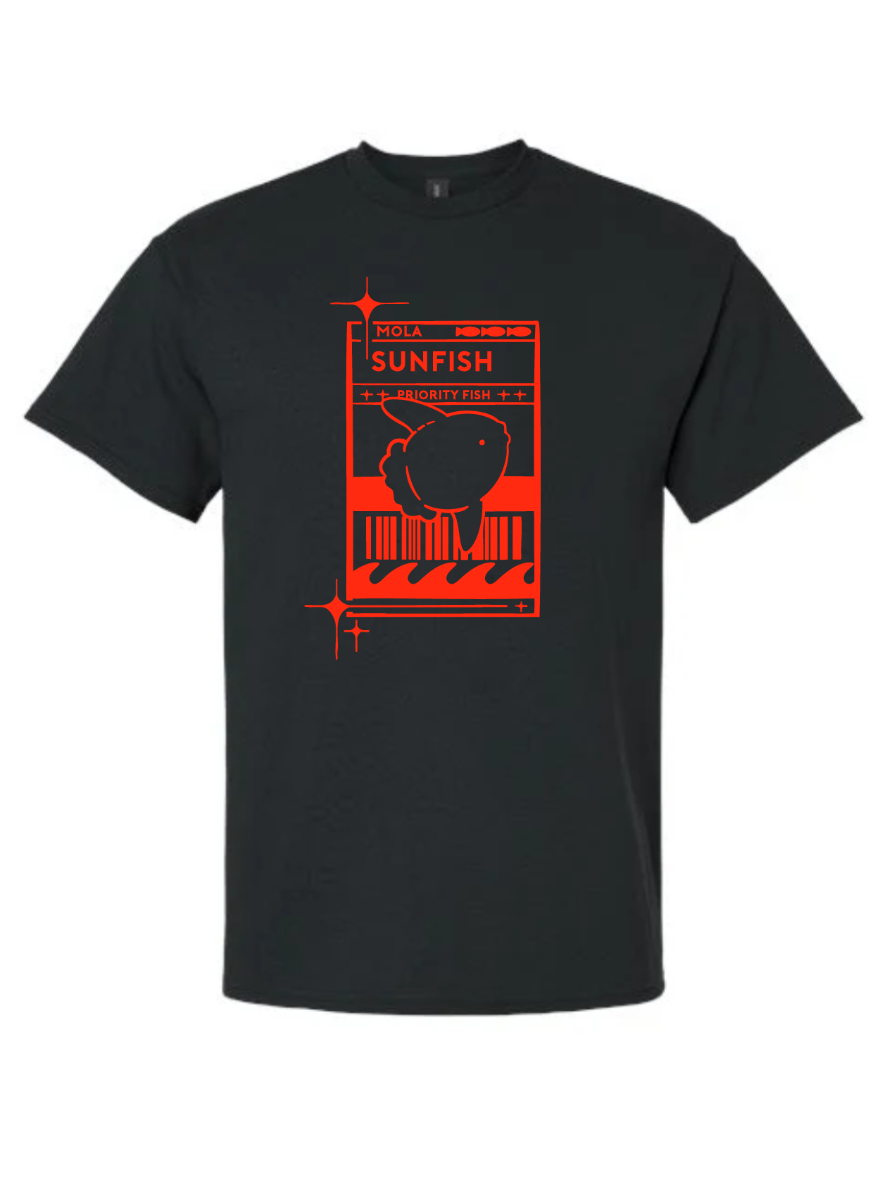 Black t-shirt with red 'Sunfish' postal label style graphic on a white background