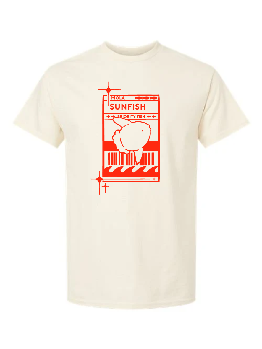 Cream t-shirt with red 'Sunfish' postal label style graphic on a white background